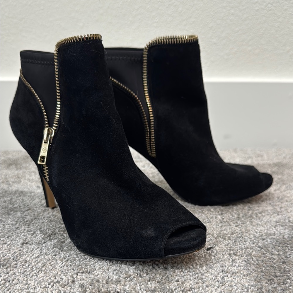 Black Suede Peep-Toe Ankle Boots